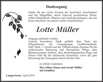 Traueranzeige von Lotte Müller von Südthüringer Presse