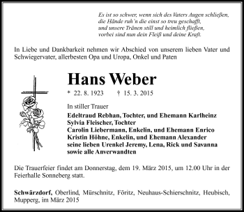 Traueranzeige von Hans Weber von Südthüringer Presse