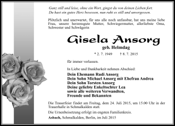 Traueranzeige von Gisela Ansorg von Südthüringer Presse