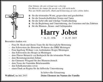 Traueranzeige von Harry Jobst von Südthüringer Presse