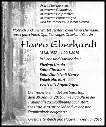 Traueranzeige von Harro Eberhardt von Südthüringer Presse