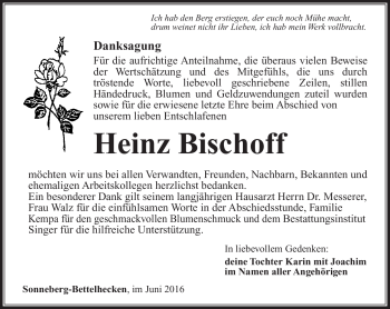 Traueranzeige von Heinz Bischoff von Südthüringer Presse