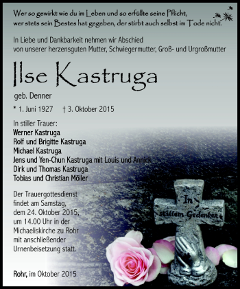 Traueranzeige von Ilse Kastruga von Südthüringer Presse