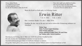 Traueranzeige von Erwin Ritter von Frankenpost