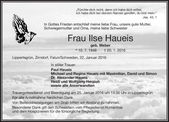 Traueranzeige von Ilse Haueis von Frankenpost