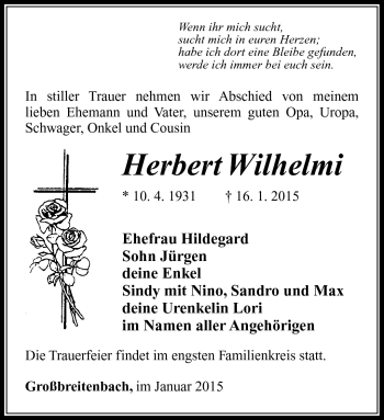 Traueranzeige von Herbert Wilhelmi von Südthüringer Presse