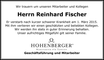 Traueranzeige von Reinhard Fischer von Frankenpost
