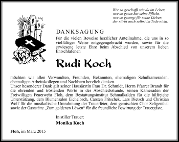Traueranzeige von Rudi Koch von Südthüringer Presse