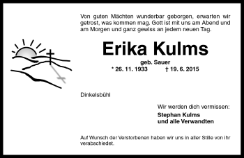 Traueranzeige von Erika Kulms von Südthüringer Presse