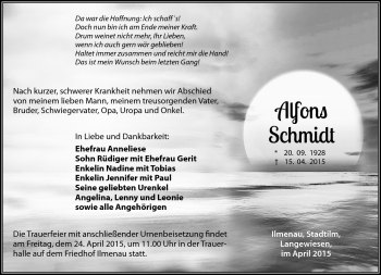 Traueranzeige von Alfons Schmidt von Südthüringer Presse