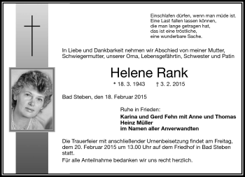 Traueranzeige von Helene Rank von Frankenpost