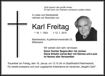 Traueranzeige von Karl Freitag von Frankenpost