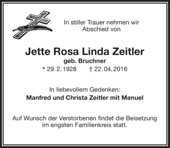 Traueranzeige von Jette Rosa Linda Zeitler von Frankenpost
