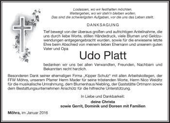 Traueranzeige von Udo Platt von Südthüringer Presse