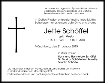 Traueranzeige von Jette Schöffel von Frankenpost