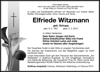 Traueranzeige von Elfriede Witzmann von Südthüringer Presse