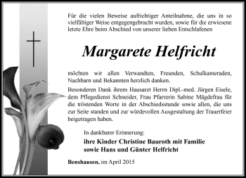 Traueranzeige von Margarete Helfricht von Südthüringer Presse