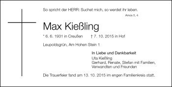 Traueranzeige von Max Kießling von Frankenpost