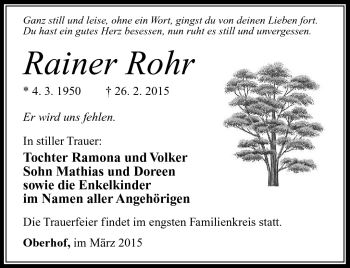 Traueranzeige von Rainer Rohr von Südthüringer Presse