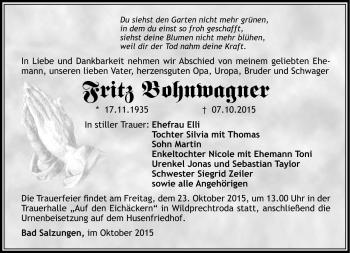 Traueranzeige von Fritz Bohnwagner von Südthüringer Presse