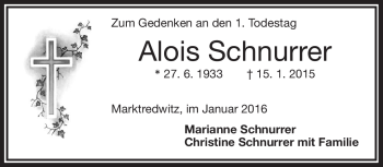 Traueranzeige von Alois Schnurrer von Frankenpost