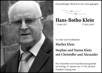 Traueranzeige von Hans-Botho Klein von Neue Presse Coburg