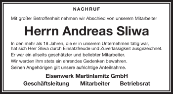 Traueranzeige von Andreas Sliwa von Frankenpost