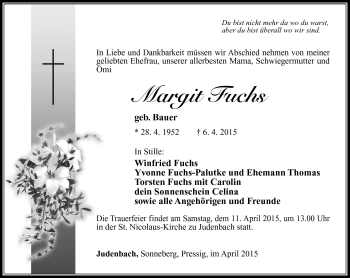 Traueranzeige von Margit Fuchs von Südthüringer Presse
