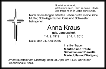 Traueranzeige von Anna Kraus von Frankenpost