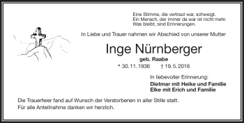 Traueranzeige von Inge Nürnberger von Frankenpost