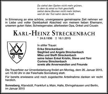Traueranzeige von Karl-Heinz Streckenbach von Südthüringer Presse