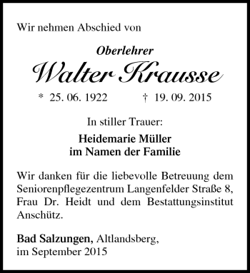 Traueranzeige von Walter Krausse von Südthüringer Presse