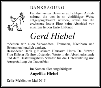 Traueranzeige von Gerd Hiebel von Südthüringer Presse