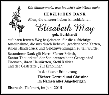 Traueranzeige von Elisabeth May von Südthüringer Presse