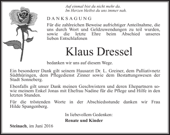 Traueranzeige von Klaus Dressel von Südthüringer Presse