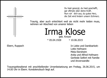 Traueranzeige von Irma Klose von Neue Presse Coburg