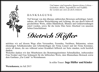 Traueranzeige von Dietrich Hüfler von Südthüringer Presse