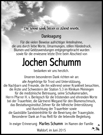 Traueranzeige von Jochen Schumm von Südthüringer Presse