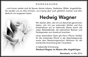 Traueranzeige von Hedwig Wagner von Südthüringer Presse