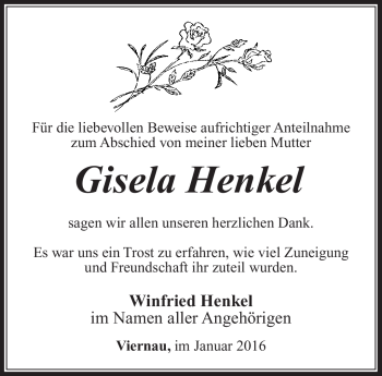 Traueranzeige von Gisela Henkel von Südthüringer Presse