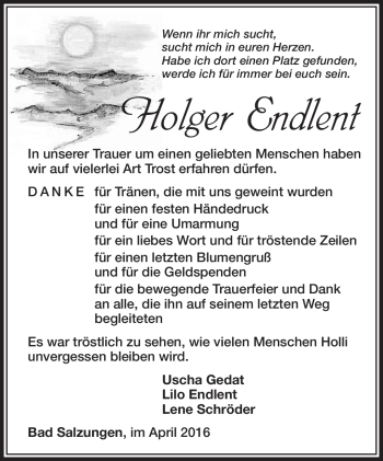 Traueranzeige von Holger Endlent von Südthüringer Presse
