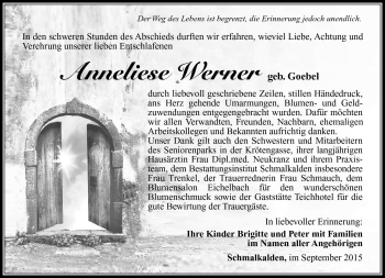 Traueranzeige von Anneliese Werner von Südthüringer Presse