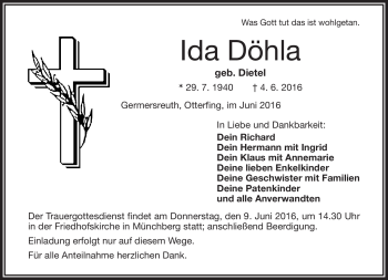 Traueranzeige von Ida Döhla von Frankenpost
