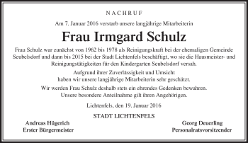 Traueranzeige von Irmgard Schulz von Neue Presse Coburg