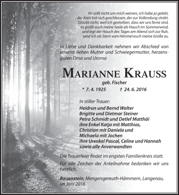 Traueranzeige von Marianne Krauß von Südthüringer Presse