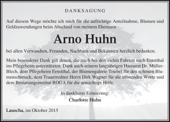 Traueranzeige von Arno Huhn von Südthüringer Presse