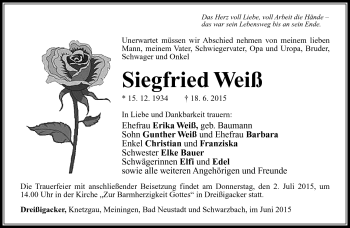 Traueranzeige von Siegfried Weiß von Südthüringer Presse