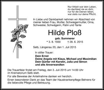 Traueranzeige von Hilde Ploß von Frankenpost