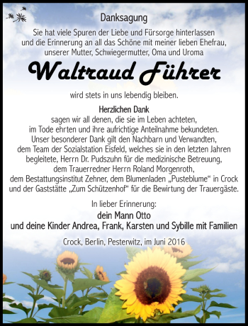 Traueranzeige von Waltraud Führer von Südthüringer Presse