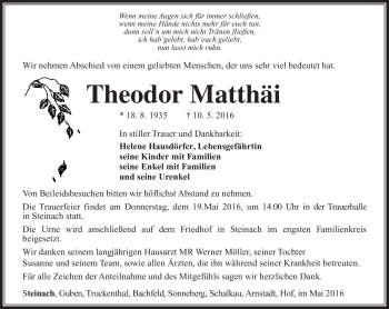 Traueranzeige von Theodor Matthäi von Südthüringer Presse